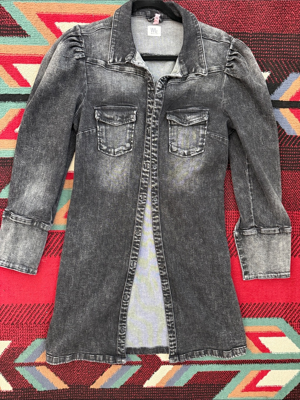 Washed Black Longline Denim Jacket Dress - Puff Shoulder Detail